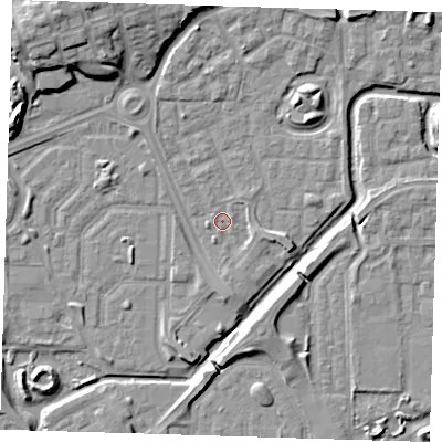 Shaded relief map of the ground around SE288LJ, computed from Environment Agency LiDAR. The ground here sits at about 1 m above sea level and falls 11 m across the surrounding 800 m. Surface water reaching this point runs off ground lying to the south, 1.9 m higher.