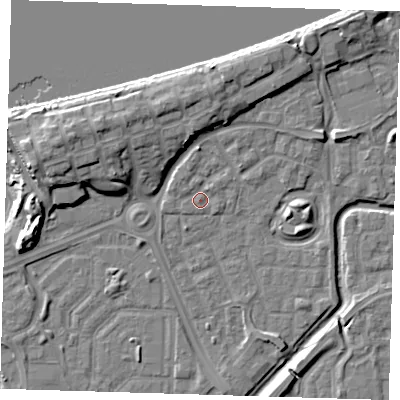 Shaded relief map of the ground around SE288LN, computed from Environment Agency LiDAR. The ground here sits at about 2 m above sea level and falls 11 m across the surrounding 800 m. Surface water reaching this point runs off ground lying to the west-north-west, 1.1 m higher.
