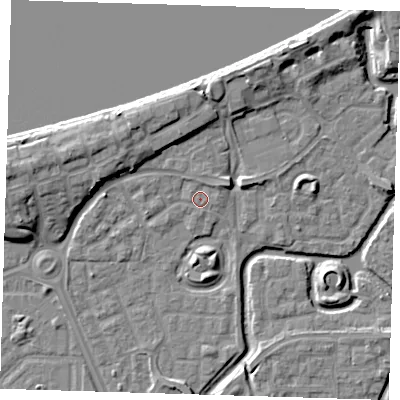 Shaded relief map of the ground around SE288LP, computed from Environment Agency LiDAR. The ground here sits at about 2 m above sea level and falls 10 m across the surrounding 800 m. Surface water reaching this point runs off ground lying to the north-east, 1.6 m higher.