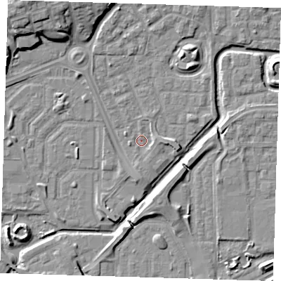 Shaded relief map of the ground around SE288LQ, computed from Environment Agency LiDAR. The ground here sits at about 1 m above sea level and falls 12 m across the surrounding 800 m. Surface water reaching this point runs off ground lying to the south, 1.9 m higher.