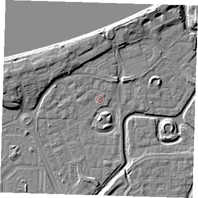 Shaded relief map of the ground around SE288LR, computed from Environment Agency LiDAR. The ground here sits at about 2 m above sea level and falls 10 m across the surrounding 800 m. Surface water reaching this point runs off ground lying to the north-east, 2.0 m higher.