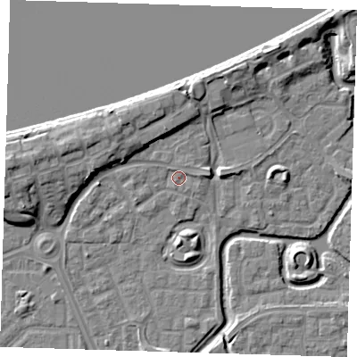 Shaded relief map of the ground around SE288LU, computed from Environment Agency LiDAR. The ground here sits at about 3 m above sea level and falls 10 m across the surrounding 800 m. Surface water reaching this point runs off ground lying to the north-east, 1.4 m higher.