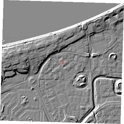 Shaded relief map of the ground around SE288LW, computed from Environment Agency LiDAR. The ground here sits at about 2 m above sea level and falls 11 m across the surrounding 800 m. Surface water reaching this point runs off ground lying to the west-north-west, 2.1 m higher.