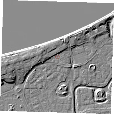 Shaded relief map of the ground around SE288LX, computed from Environment Agency LiDAR. The ground here sits at about 3 m above sea level and falls 10 m across the surrounding 800 m. Surface water reaching this point runs off ground lying to the west, 5.6 m higher.