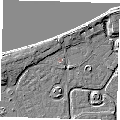 Shaded relief map of the ground around SE288LY, computed from Environment Agency LiDAR. The ground here sits at about 3 m above sea level and falls 9 m across the surrounding 800 m. Surface water reaching this point runs off ground lying to the north, 3.3 m higher.
