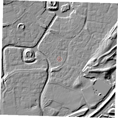 Shaded relief map of the ground around SE288NA, computed from Environment Agency LiDAR. The ground here sits at about 1 m above sea level and falls 9 m across the surrounding 800 m. Surface water reaching this point runs off ground lying to the east-north-east, 7.9 m higher.