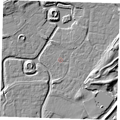 Shaded relief map of the ground around SE288NB, computed from Environment Agency LiDAR. The ground here sits at about 1 m above sea level and falls 9 m across the surrounding 800 m. Surface water reaching this point runs off ground lying to the west, 1.0 m higher.