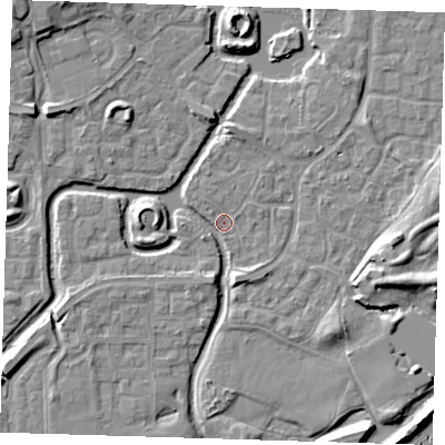 Shaded relief map of the ground around SE288ND, computed from Environment Agency LiDAR. The ground here sits at about 1 m above sea level and falls 9 m across the surrounding 800 m. Surface water reaching this point runs off ground lying to the east-south-east, 7.3 m higher.