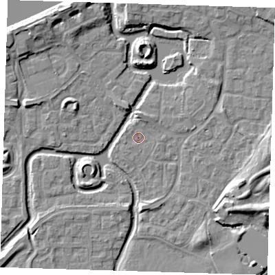 Shaded relief map of the ground around SE288NE, computed from Environment Agency LiDAR. The ground here sits at about 1 m above sea level and falls 9 m across the surrounding 800 m. Surface water reaching this point runs off ground lying to the north-west, 0.8 m higher.
