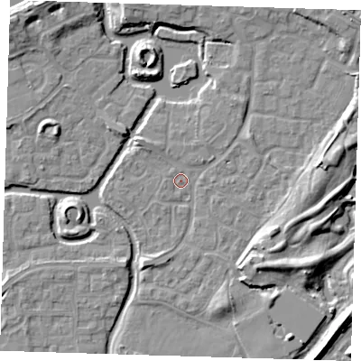 Shaded relief map of the ground around SE288NF, computed from Environment Agency LiDAR. The ground here sits at about 2 m above sea level and falls 9 m across the surrounding 800 m. Surface water reaching this point runs off ground lying to the north-west, 2.2 m higher.