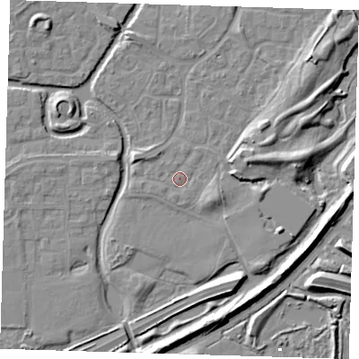 Shaded relief map of the ground around SE288NG, computed from Environment Agency LiDAR. The ground here sits at about 2 m above sea level and falls 9 m across the surrounding 800 m. Surface water reaching this point runs off ground lying to the east-north-east, 4.3 m higher.