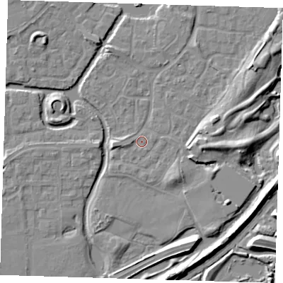 Shaded relief map of the ground around SE288NH, computed from Environment Agency LiDAR. The ground here sits at about 1 m above sea level and falls 9 m across the surrounding 800 m. Surface water reaching this point runs off ground lying to the east, 4.3 m higher.