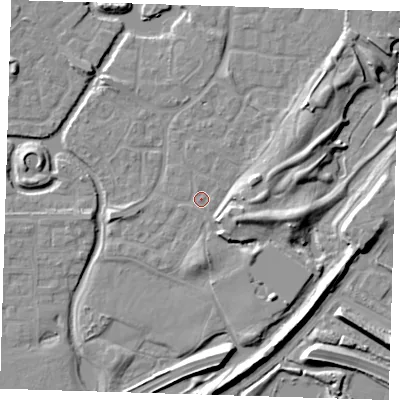 Shaded relief map of the ground around SE288NJ, computed from Environment Agency LiDAR. The ground here sits at about 2 m above sea level and falls 9 m across the surrounding 800 m. Surface water reaching this point runs off ground lying to the south-south-east, 0.9 m higher.