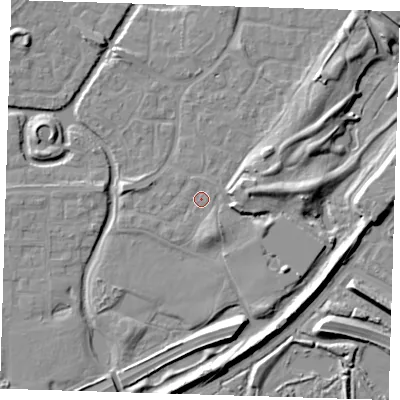Shaded relief map of the ground around SE288NL, computed from Environment Agency LiDAR. The ground here sits at about 1 m above sea level and falls 9 m across the surrounding 800 m. Surface water reaching this point runs off ground lying to the east, 4.3 m higher.