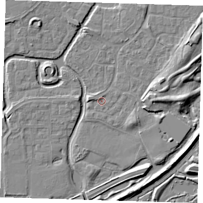 Shaded relief map of the ground around SE288NN, computed from Environment Agency LiDAR. The ground here sits at about 1 m above sea level and falls 9 m across the surrounding 800 m. Surface water reaching this point runs off ground lying to the west-north-west, 1.7 m higher.