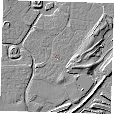 Shaded relief map of the ground around SE288NP, computed from Environment Agency LiDAR. The ground here sits at about 1 m above sea level and falls 9 m across the surrounding 800 m. The ground contributing surface water to this point lies to the east-south-east.