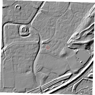 Shaded relief map of the ground around SE288NQ, computed from Environment Agency LiDAR. The ground here sits at about 1 m above sea level and falls 9 m across the surrounding 800 m. Surface water reaching this point runs off ground lying to the north-north-west, 1.8 m higher.