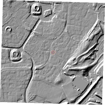 Shaded relief map of the ground around SE288NR, computed from Environment Agency LiDAR. The ground here sits at about 1 m above sea level and falls 9 m across the surrounding 800 m. Surface water reaching this point runs off ground lying to the east-north-east, 7.9 m higher.