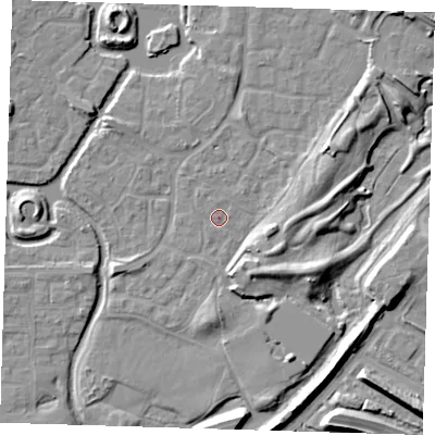 Shaded relief map of the ground around SE288NS, computed from Environment Agency LiDAR. The ground here sits at about 2 m above sea level and falls 9 m across the surrounding 800 m. Surface water reaching this point runs off ground lying to the south-east, 5.4 m higher.
