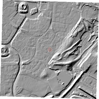 Shaded relief map of the ground around SE288NT, computed from Environment Agency LiDAR. The ground here sits at about 2 m above sea level and falls 9 m across the surrounding 800 m. Surface water reaching this point runs off ground lying to the east-north-east, 5.4 m higher.
