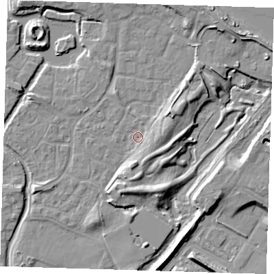 Shaded relief map of the ground around SE288PA, computed from Environment Agency LiDAR. The ground here sits at about 2 m above sea level and falls 9 m across the surrounding 800 m. Surface water reaching this point runs off ground lying to the east, 4.5 m higher.