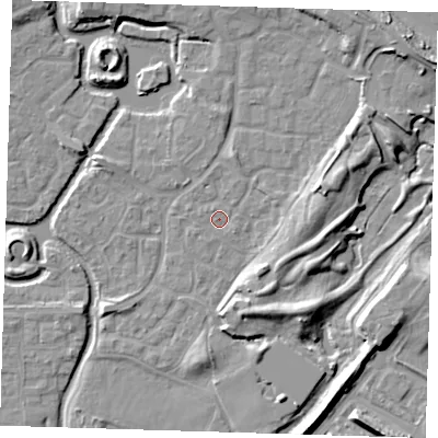Shaded relief map of the ground around SE288PB, computed from Environment Agency LiDAR. The ground here sits at about 2 m above sea level and falls 9 m across the surrounding 800 m. Surface water reaching this point runs off ground lying to the south-east, 0.8 m higher.