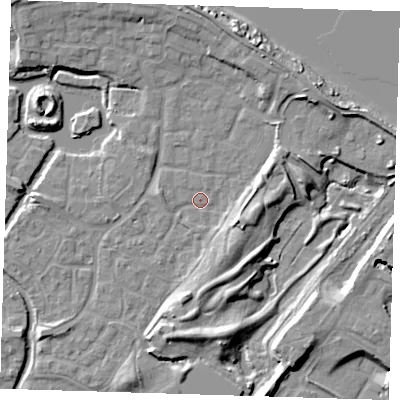 Shaded relief map of the ground around SE288PE, computed from Environment Agency LiDAR. The ground here sits at about 2 m above sea level and falls 10 m across the surrounding 800 m. Surface water reaching this point runs off ground lying to the east-south-east, 6.6 m higher.