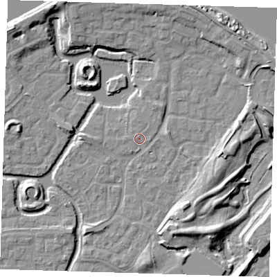 Shaded relief map of the ground around SE288PF, computed from Environment Agency LiDAR. The ground here sits at about 2 m above sea level and falls 10 m across the surrounding 800 m. Surface water reaching this point runs off ground lying to the south-south-west, 0.9 m higher.
