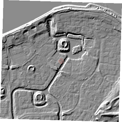 Shaded relief map of the ground around SE288PN, computed from Environment Agency LiDAR. The ground here sits at about 1 m above sea level and falls 10 m across the surrounding 800 m. Surface water reaching this point runs off ground lying to the south-south-west, 2.4 m higher.