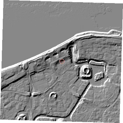 Shaded relief map of the ground around SE288PT, computed from Environment Agency LiDAR. The ground here sits at about 3 m above sea level and falls 10 m across the surrounding 800 m. Surface water reaching this point runs off ground lying to the west, 2.7 m higher.