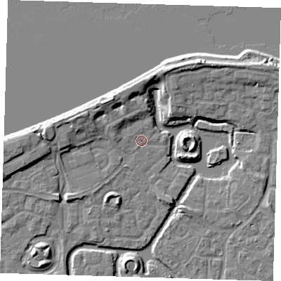 Shaded relief map of the ground around SE288PU, computed from Environment Agency LiDAR. The ground here sits at about 2 m above sea level and falls 10 m across the surrounding 800 m. Surface water reaching this point runs off ground lying to the west, 2.0 m higher.