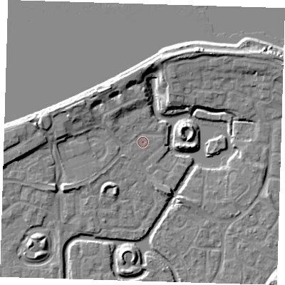 Shaded relief map of the ground around SE288PX, computed from Environment Agency LiDAR. The ground here sits at about 2 m above sea level and falls 10 m across the surrounding 800 m. Surface water reaching this point runs off ground lying to the west-north-west, 2.0 m higher.