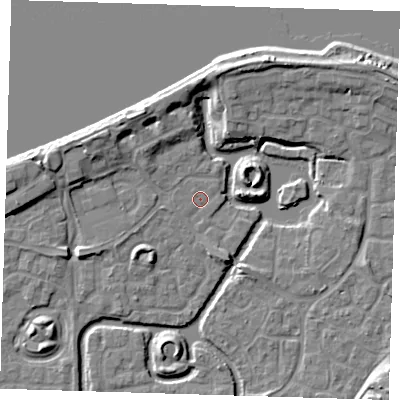 Shaded relief map of the ground around SE288PY, computed from Environment Agency LiDAR. The ground here sits at about 2 m above sea level and falls 10 m across the surrounding 800 m. Surface water reaching this point runs off ground lying to the north-west, 0.9 m higher.
