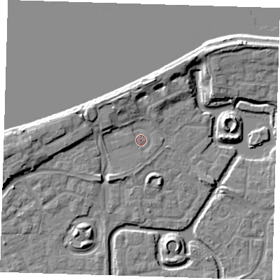 Shaded relief map of the ground around SE288PZ, computed from Environment Agency LiDAR. The ground here sits at about 2 m above sea level and falls 10 m across the surrounding 800 m. Surface water reaching this point runs off ground lying to the west-north-west, 3.8 m higher.