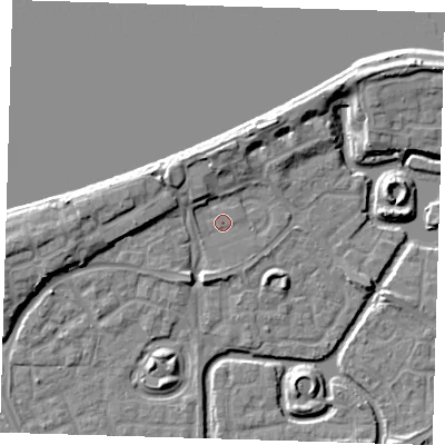 Shaded relief map of the ground around SE288QA, computed from Environment Agency LiDAR. The ground here sits at about 2 m above sea level and falls 10 m across the surrounding 800 m. Surface water reaching this point runs off ground lying to the north-west, 3.6 m higher.