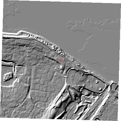 Shaded relief map of the ground around SE288QH, computed from Environment Agency LiDAR. The ground here sits at about 7 m above sea level and falls 10 m across the surrounding 800 m. Surface water reaching this point runs off ground lying to the north, 1.5 m higher.