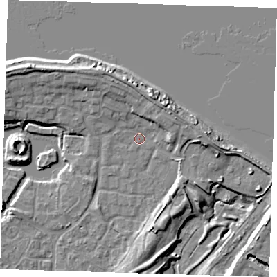 Shaded relief map of the ground around SE288QT, computed from Environment Agency LiDAR. The ground here sits at about 3 m above sea level and falls 10 m across the surrounding 800 m. Surface water reaching this point runs off ground lying to the north-north-east, 6.3 m higher.