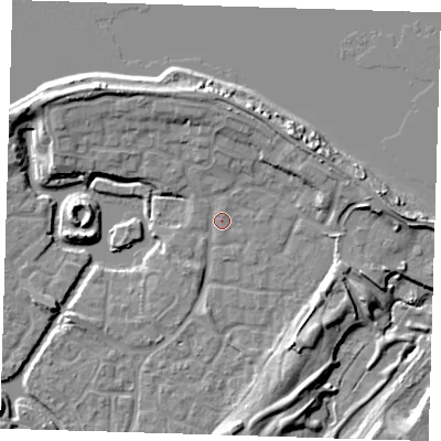 Shaded relief map of the ground around SE288QX, computed from Environment Agency LiDAR. The ground here sits at about 3 m above sea level and falls 10 m across the surrounding 800 m. Surface water reaching this point runs off ground lying to the north, 5.5 m higher.