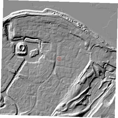 Shaded relief map of the ground around SE288QY, computed from Environment Agency LiDAR. The ground here sits at about 3 m above sea level and falls 10 m across the surrounding 800 m. Surface water reaching this point runs off ground lying to the north-north-east, 7.1 m higher.