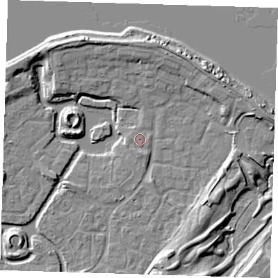 Shaded relief map of the ground around SE288QZ, computed from Environment Agency LiDAR. The ground here sits at about 3 m above sea level and falls 10 m across the surrounding 800 m. Surface water reaching this point runs off ground lying to the south, 1.5 m higher.