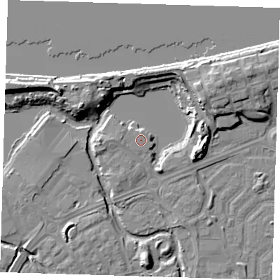 Shaded relief map of the ground around SE288RE, computed from Environment Agency LiDAR. The ground here sits at about 2 m above sea level and falls 12 m across the surrounding 800 m. Surface water reaching this point runs off ground lying to the west, 0.8 m higher.
