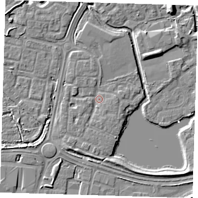 Shaded relief map of the ground around SE288RF, computed from Environment Agency LiDAR. The ground here sits at about 2 m above sea level and falls 8 m across the surrounding 800 m. Surface water reaching this point runs off ground lying to the south-south-west, 2.0 m higher.