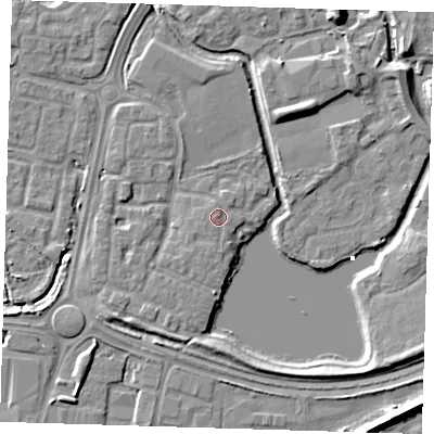 Shaded relief map of the ground around SE288RG, computed from Environment Agency LiDAR. The ground here sits at about 3 m above sea level and falls 8 m across the surrounding 800 m. Surface water reaching this point runs off ground lying to the west-south-west, 0.8 m higher.