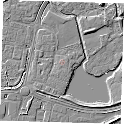 Shaded relief map of the ground around SE288RH, computed from Environment Agency LiDAR. The ground here sits at about 2 m above sea level and falls 8 m across the surrounding 800 m. Surface water reaching this point runs off ground lying to the south-south-east, 0.8 m higher.