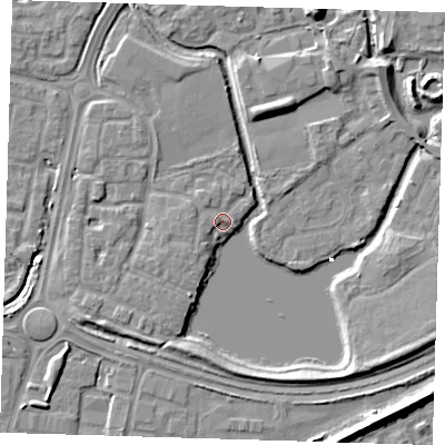 Shaded relief map of the ground around SE288RJ, computed from Environment Agency LiDAR. The ground here sits at about 2 m above sea level and falls 8 m across the surrounding 800 m. Surface water reaching this point runs off ground lying to the west, 1.4 m higher.