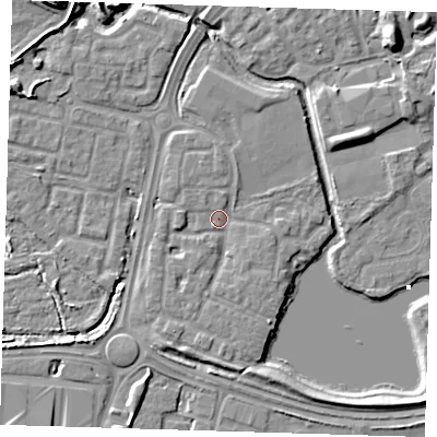 Shaded relief map of the ground around SE288RL, computed from Environment Agency LiDAR. The ground here sits at about 2 m above sea level and falls 9 m across the surrounding 800 m. Surface water reaching this point runs off ground lying to the south-south-west, 2.0 m higher.