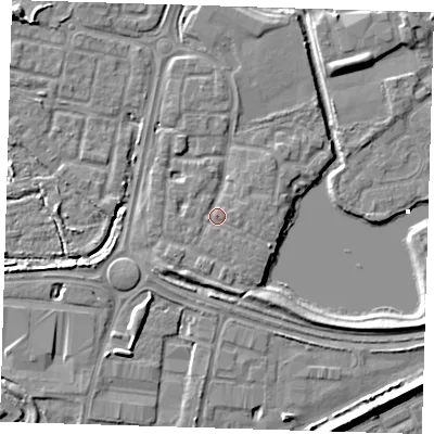 Shaded relief map of the ground around SE288RN, computed from Environment Agency LiDAR. The ground here sits at about 2 m above sea level and falls 7 m across the surrounding 800 m. Surface water reaching this point runs off ground lying to the east, 1.0 m higher.