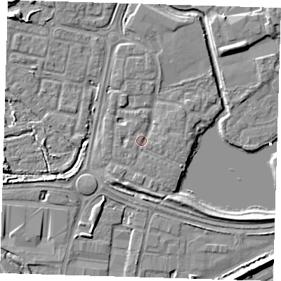 Shaded relief map of the ground around SE288RP, computed from Environment Agency LiDAR. The ground here sits at about 2 m above sea level and falls 7 m across the surrounding 800 m. Surface water reaching this point runs off ground lying to the east-south-east, 1.6 m higher.