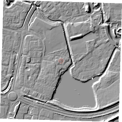 Shaded relief map of the ground around SE288RQ, computed from Environment Agency LiDAR. The ground here sits at about 2 m above sea level and falls 8 m across the surrounding 800 m. Surface water reaching this point runs off ground lying to the south-west, 0.9 m higher.