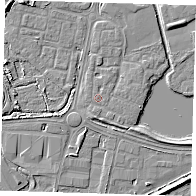 Shaded relief map of the ground around SE288RR, computed from Environment Agency LiDAR. The ground here sits at about 2 m above sea level and falls 7 m across the surrounding 800 m. Surface water reaching this point runs off ground lying to the south, 1.1 m higher.